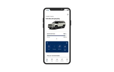 A smartphone with the Hyundai Bluelink logo. 