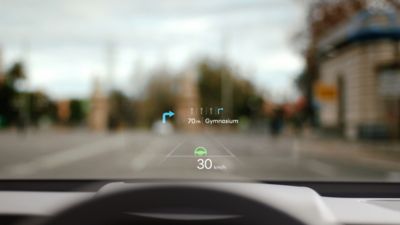 A picture of the head-up display in the Hyundai KONA Electric SUV.