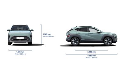 Technical drawing of the Hyundai KONA showing the exterior dimensions.