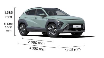 Technical drawing of the Hyundai KONA showing the exterior dimensions.