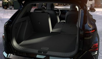 The inside of the Hyundai KONA shows the flexibility of the 40:20:40 folding read seats.