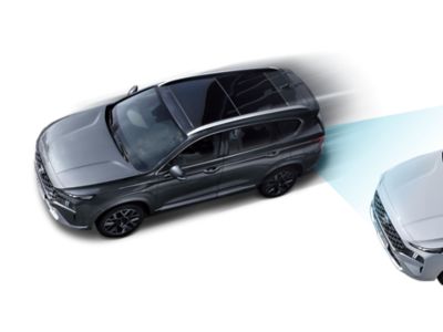 The Hyundai Santa Fe Hybrid from above highlighting the Advanced Driver Assistance Systems.
