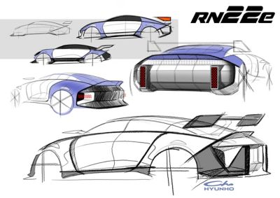 Design sketch of the Hyundai RN22e all electric rolling lab showing multiple profile views.