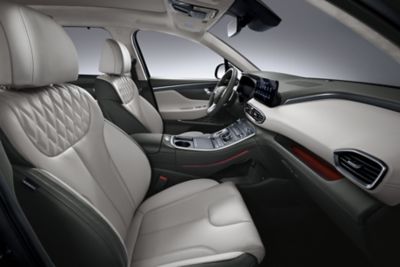 Interior view of the Hyundai Santa Fe Hybrid 7 seat SUV showing the cockpit.