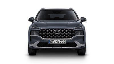 Front view of the Hyundai Santa Fe Hybrid 7 seat SUV with its new design changes.