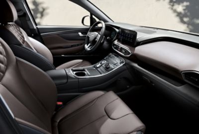 The Hyundai Santa Fe Plug-in Hybrid 7 seat SUV's premium interior design of the cockpit.