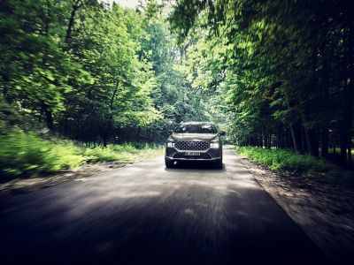 Nuevo Hyundai SANTA FE Híbrido Enchufable circulando por el bosque.