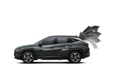 The smart power tailgate allowing easy loading in the Hyundai Tucson Hybrid compact SUV.