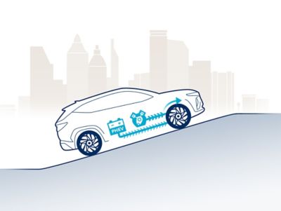 Illustratie van het regeneratieve remsysteem van de Hyundai Tucson Plug-in Hybrid bij bergop rijden. 