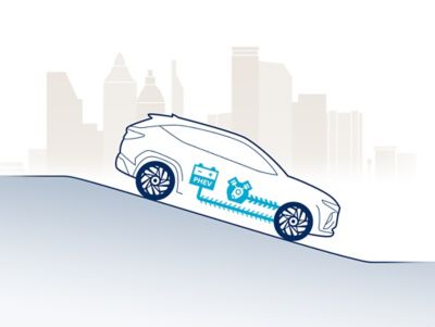An illustration of the Hyundai Tucson Plug-in Hybrid's regenerative braking system going down on a hill. 