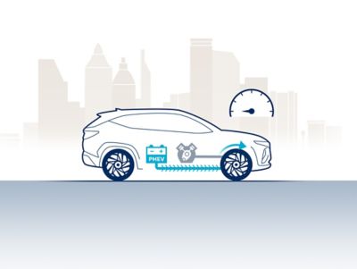 The inside engineering of speed of the Hyundai Tucson Plug-in Hybrid is pictured in a drawing and the speed symbol above it. 