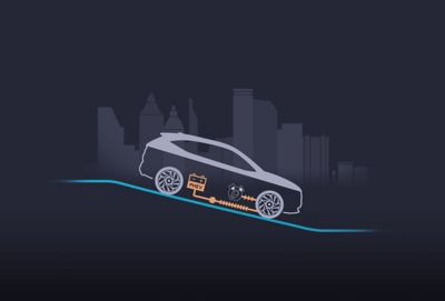 Det regenerative bremsesystemet lader batteriet i helt nye Hyundai TUCSON Plug-in Hybrid SUV. Illustrasjon.