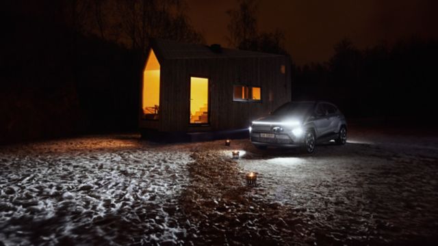 Vju-hytta får strøm fra KONA Electric med V2L teknologien. Foto.