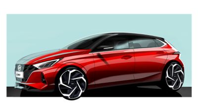 Koncepční skica červeného nového vozu Hyundai i20 před zeleným pozadím, pohled ze strany řidiče