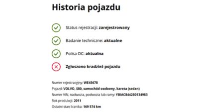 Analiza podstawowej historii konkretnego pojazdu w mObywatel. 