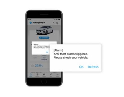 Vue rapprochée de l’appli Hyundai Bluelink avec notification push de détection d’intrusion.