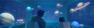 rendering of a father and child interacting with planets in the Metaverse