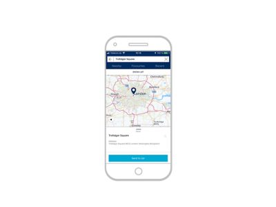 Snímek aplikace Bluelink na iPhone: odeslání cíle do auta