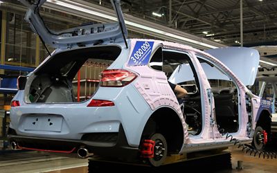 A Hyundai i30N being assembled in a European factory.