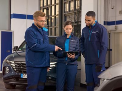 Employees in a workshop working together on a tablet.