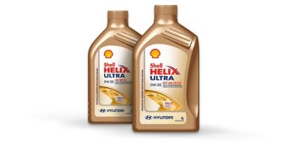 Förpackningar med Shell Helix Ultra motorolja rekommenderad för Hyundai-fordon.