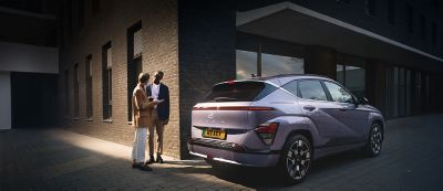 Rear 3/4 of a Hyundai KONA Electric in meta blue pearl