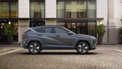 The Hyundai KONA Hybrid parked on the side of the street.