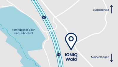 Der Standort des IONIQ Waldes ist auf einer grauen Karte markiert.