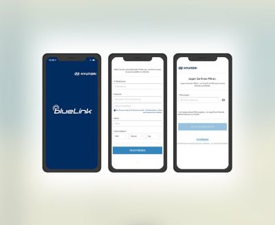 Smartphone zeigt die Hyundai Bluelink-App mit dem Hyundai Account Einrichtungsformular.