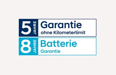 Symbolbild Garantien: 5 Jahre Garantie ohne Kilometerlimit, 8 Jahre Batterie-Grantie
