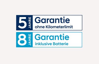 Symbolbild Garantien: 5 Jahre Garantie ohne Kilometerlimit, 8 Jahre Batterie-Grantie
