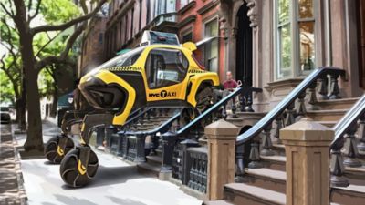 Elevate walking car as a taxi, picking up a person from their home