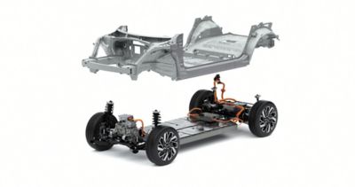 Aufbau der Hyundai E-GMP Elektroplattform mit im Fahrzeugboden angebrachten Batterien.