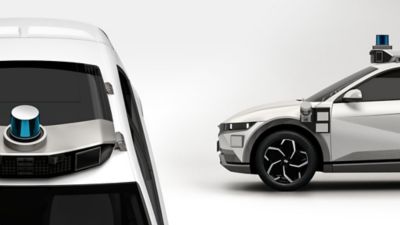 Close up view of the Hyundai Motional IONIQ 5 robotaxi exterior sensors for autonomous driving.