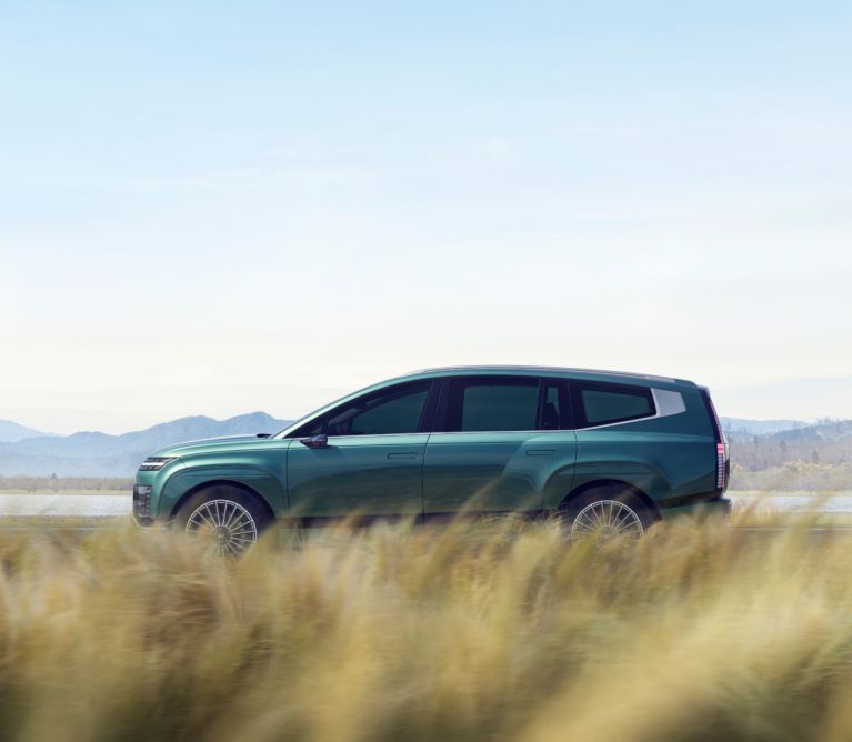 Zelený Hyundai IONIQ 9 pohľad zboku stojaci na ceste v poli