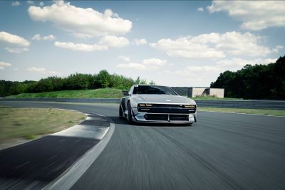 Hyundai N Vision 74 concept car in the curve of a racetrack.