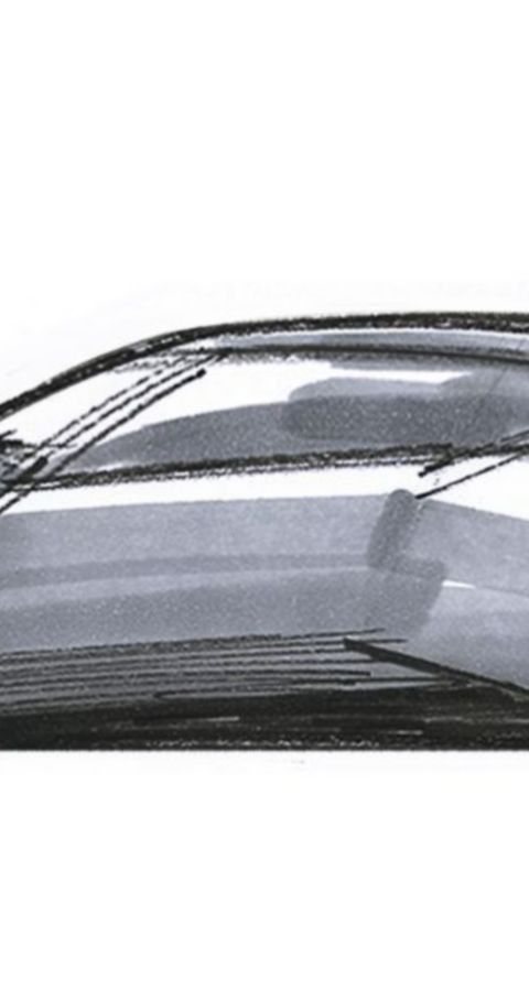 Abstract composition with a curved stripe rising toward a circular shape.