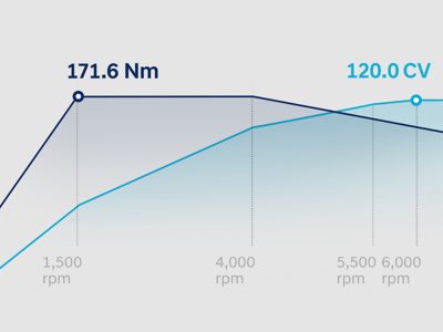 Grafico che mostra le curve di coppia e potenza del motore a benzina T-GDi da 1,0 litri della i20