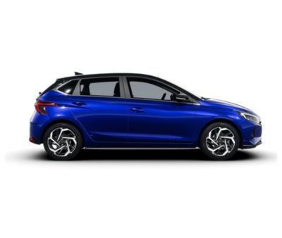 The Hyundai i20 in Intense Blue with a Phantom Black roof, right side view