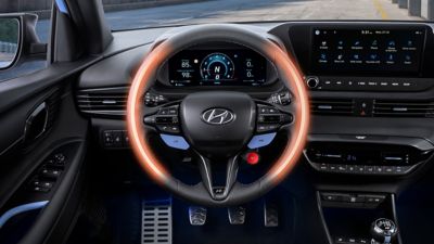 An image of the heated N steering wheel in the Hyundai i20 N.