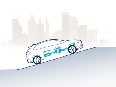 Illustration of the Hyundai i30 showing the acceleration of the 48V mild hybrid system.