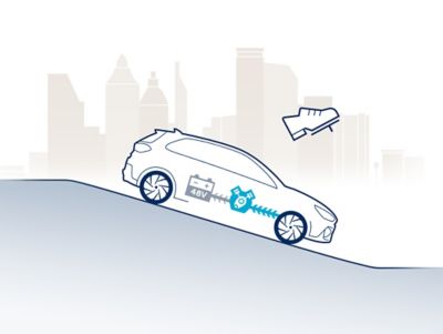 Illustration of the Hyundai i30 showing the recuperation of the 48V mild hybrid system.