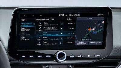 Image of the 10.25-inch screen of the Hyundai i30, showing live fuel price information.