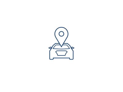 Blue outline of a car with a large location pin icon on top, symbolizing GPS navigation or vehicle tracking.