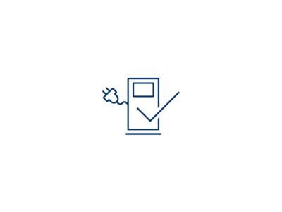 Line drawing of an electric vehicle charging station with a plug on the left and a checkmark on the right, indicating an available charging station.