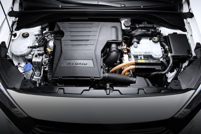 Image of a Hyundai Hybrid engine within a Hyundai model.