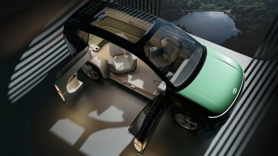 The new Hyundai electric SUEV concept SEVEN with its pillarless coach doors and ambient lighting.