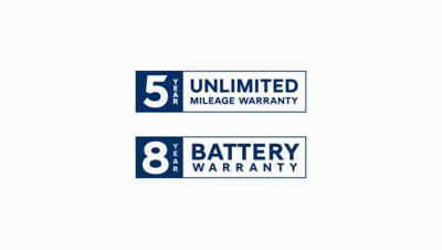 Logo of the Hyundai 5 year unlimited mileage and 8 year battery warranty.