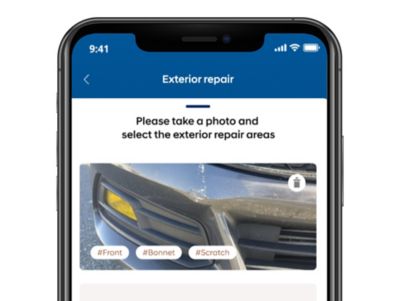 Screenshot myHyundai-app van foto’s delen met dealer voor kostenbegroting.