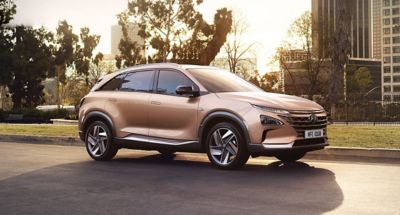 Hyundai NEXO aparcado frente a una zona verde al atarceder.